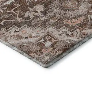 Photo of Terra Cotta Beige And Gray Floral Medallion Washable Area Rug With UV Protection
