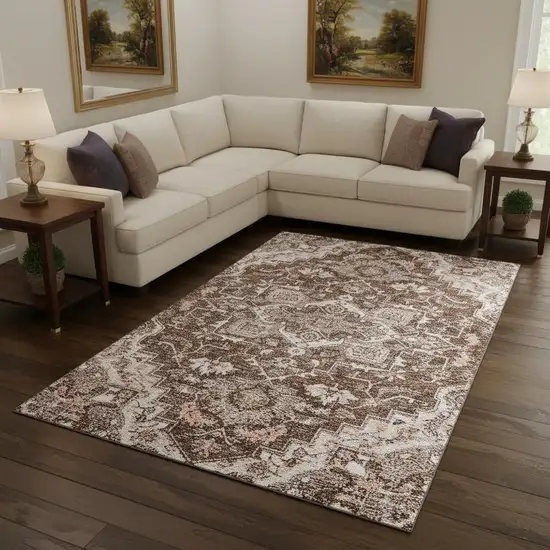 Terra Cotta Beige And Gray Floral Medallion Washable Area Rug With UV Protection Photo 2