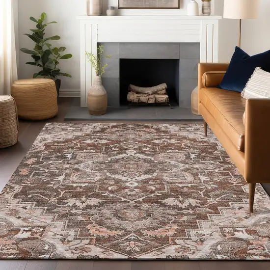 Terra Cotta Beige And Gray Floral Medallion Washable Area Rug With UV Protection Photo 5