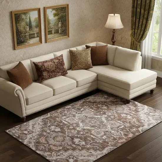 Terra Cotta Beige And Gray Floral Medallion Washable Area Rug With UV Protection Photo 3