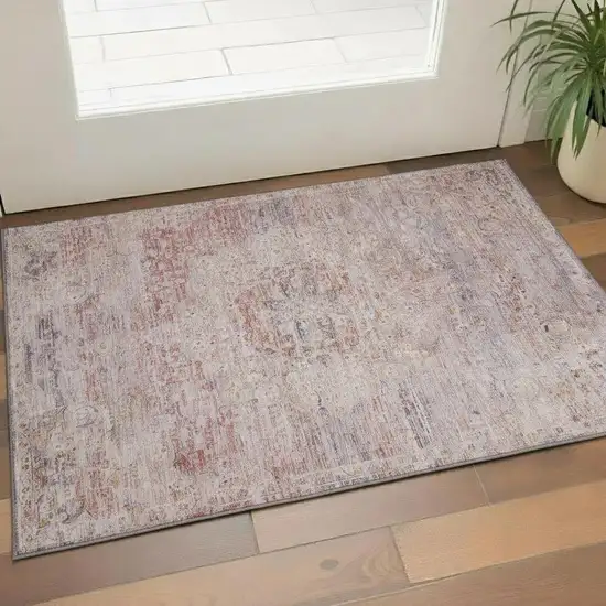 Terra Cotta Beige And Gray Floral Medallion Washable Area Rug With UV Protection Photo 2