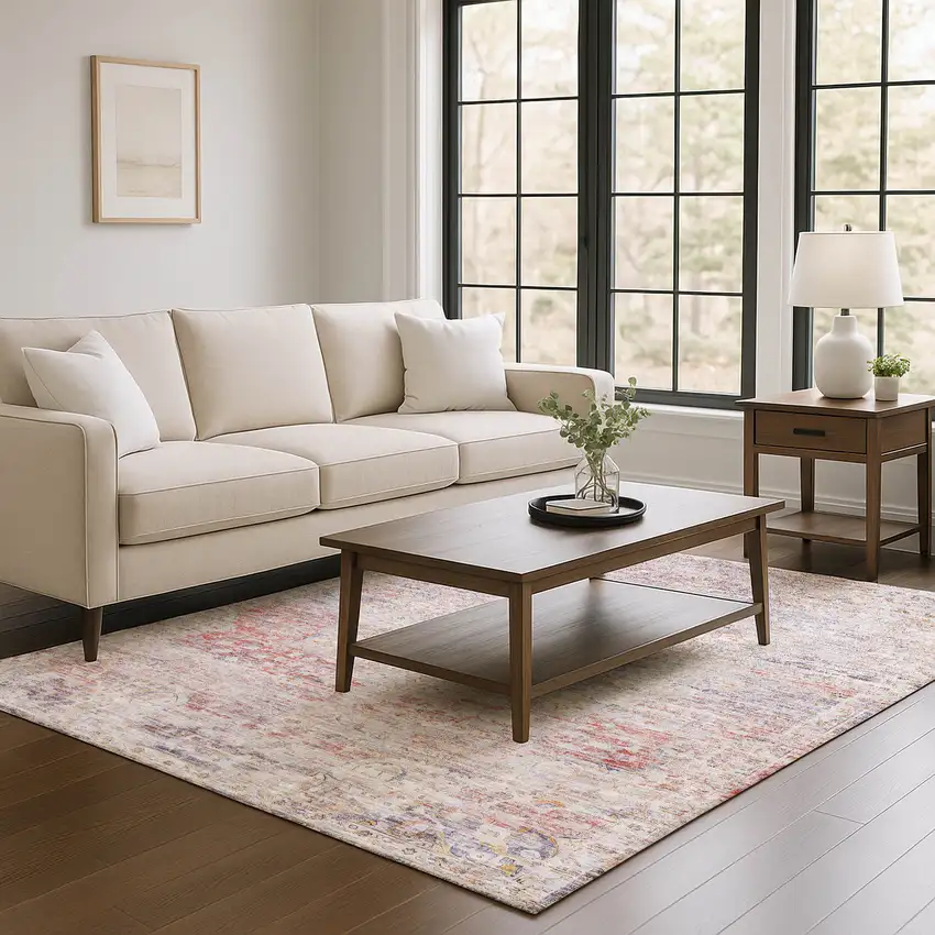 Terra Cotta Beige And Gray Floral Medallion Washable Area Rug With UV Protection Photo 4