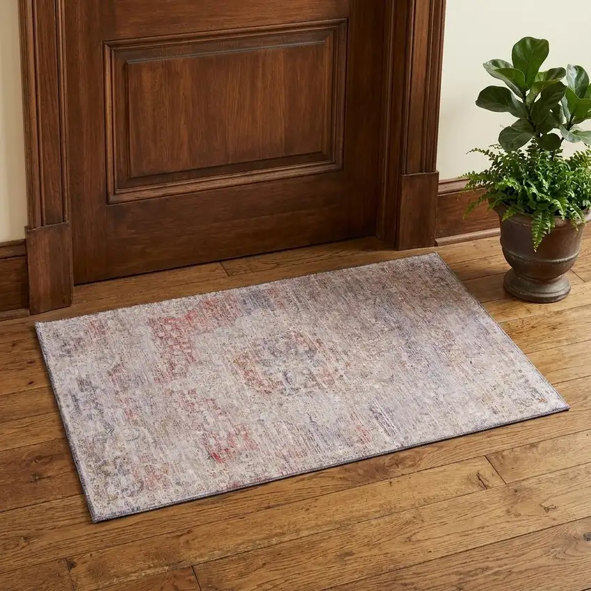 Terra Cotta Beige And Gray Floral Medallion Washable Area Rug With UV Protection Photo 1