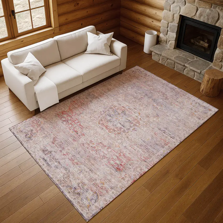 Terra Cotta Beige And Gray Floral Medallion Washable Area Rug With UV Protection Photo 5