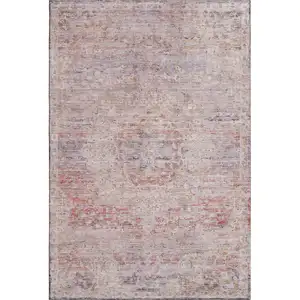 Photo of Terra Cotta Beige And Gray Floral Medallion Washable Area Rug With UV Protection