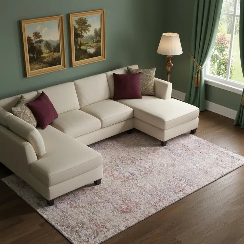 Terra Cotta Beige And Gray Floral Medallion Washable Area Rug With UV Protection Photo 2