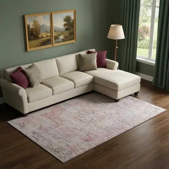 Terra Cotta Beige And Gray Floral Medallion Washable Area Rug With UV Protection Photo 2