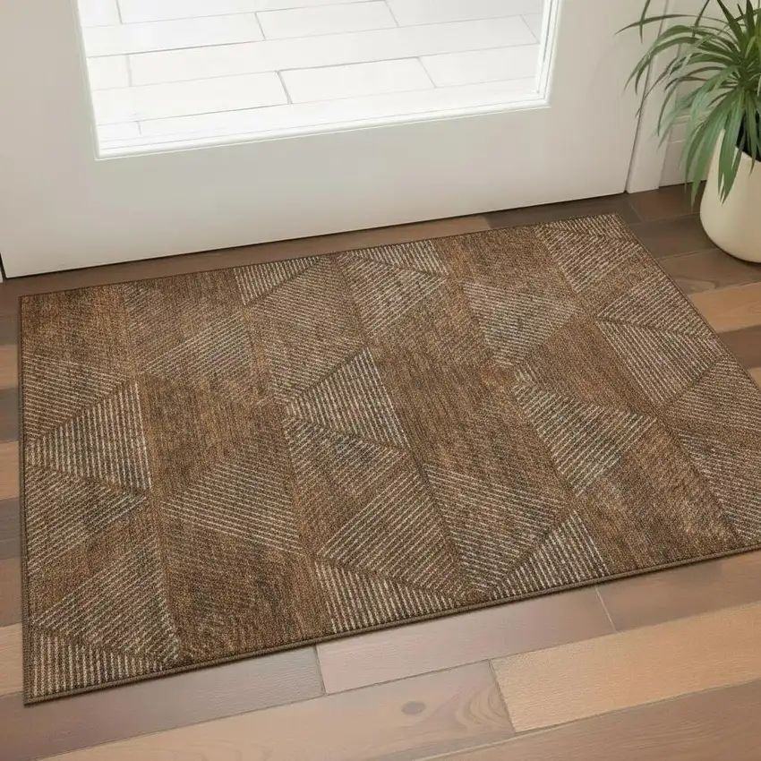 Terra Cotta Beige And Gray Geometric Washable Area Rug With UV Protection Photo 1