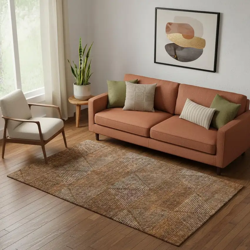 Terra Cotta Beige And Gray Geometric Washable Area Rug With UV Protection Photo 1