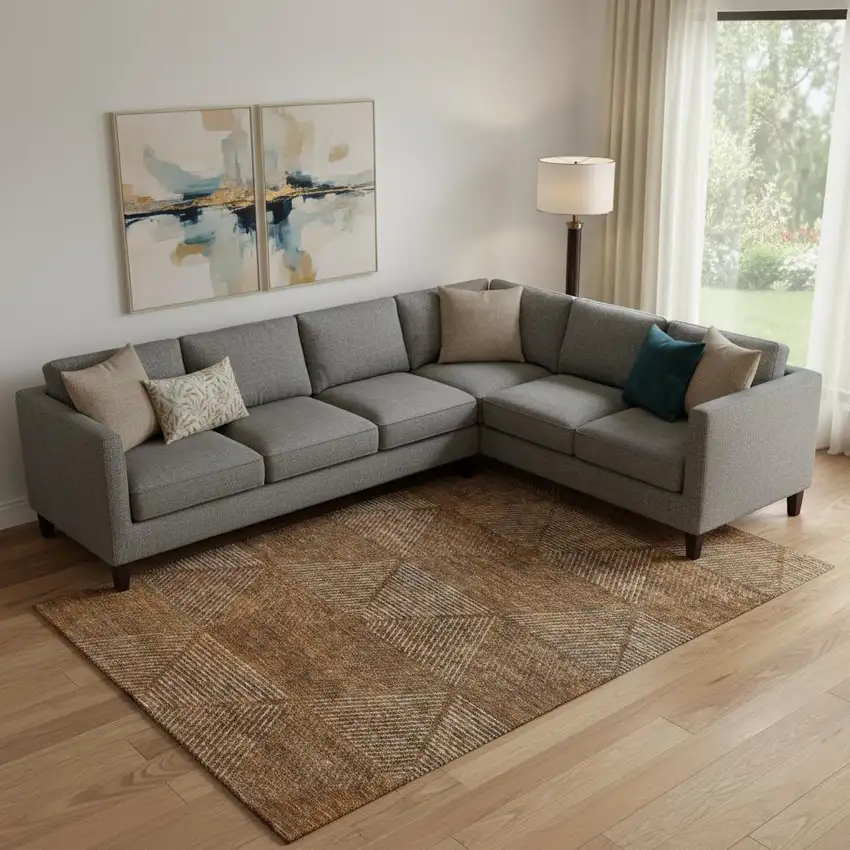 Terra Cotta Beige And Gray Geometric Washable Area Rug With UV Protection Photo 1