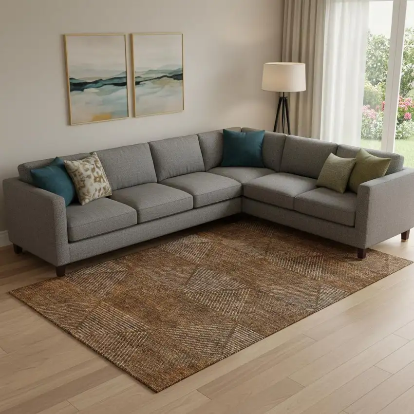 Terra Cotta Beige And Gray Geometric Washable Area Rug With UV Protection Photo 1