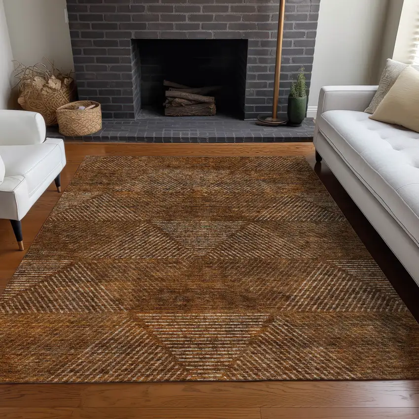 Terra Cotta Beige And Gray Geometric Washable Area Rug With UV Protection Photo 2