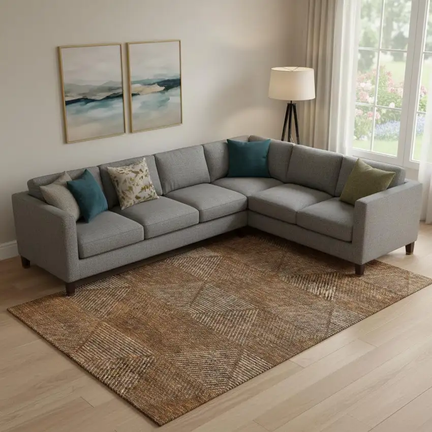 Terra Cotta Beige And Gray Geometric Washable Area Rug With UV Protection Photo 1