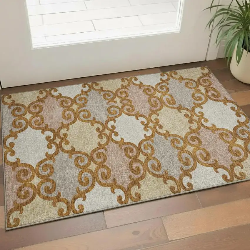 Terra Cotta Beige And Gray Trellis Washable Area Rug With UV Protection Photo 1