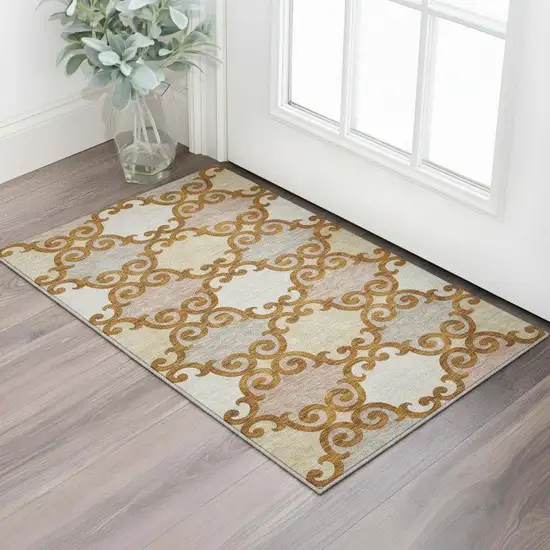 Terra Cotta Beige And Gray Trellis Washable Area Rug With UV Protection Photo 2