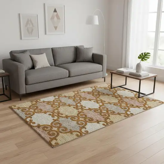 Terra Cotta Beige And Gray Trellis Washable Area Rug With UV Protection Photo 2