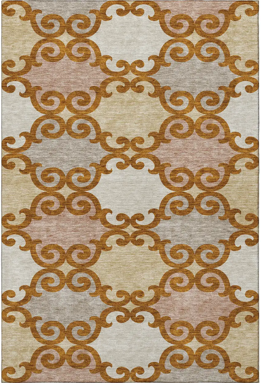 Terra Cotta Beige And Gray Trellis Washable Area Rug With UV Protection Photo 4