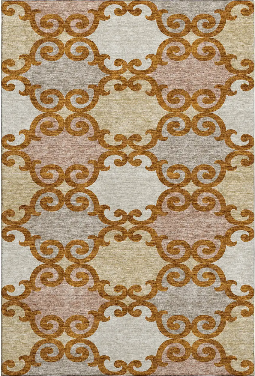 Terra Cotta Beige And Gray Trellis Washable Area Rug With UV Protection Photo 1