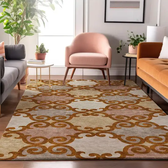 Terra Cotta Beige And Gray Trellis Washable Area Rug With UV Protection Photo 5