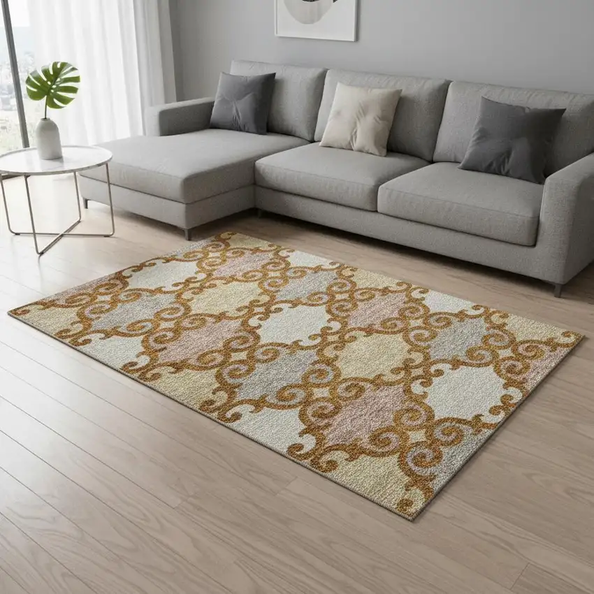 Terra Cotta Beige And Gray Trellis Washable Area Rug With UV Protection Photo 2