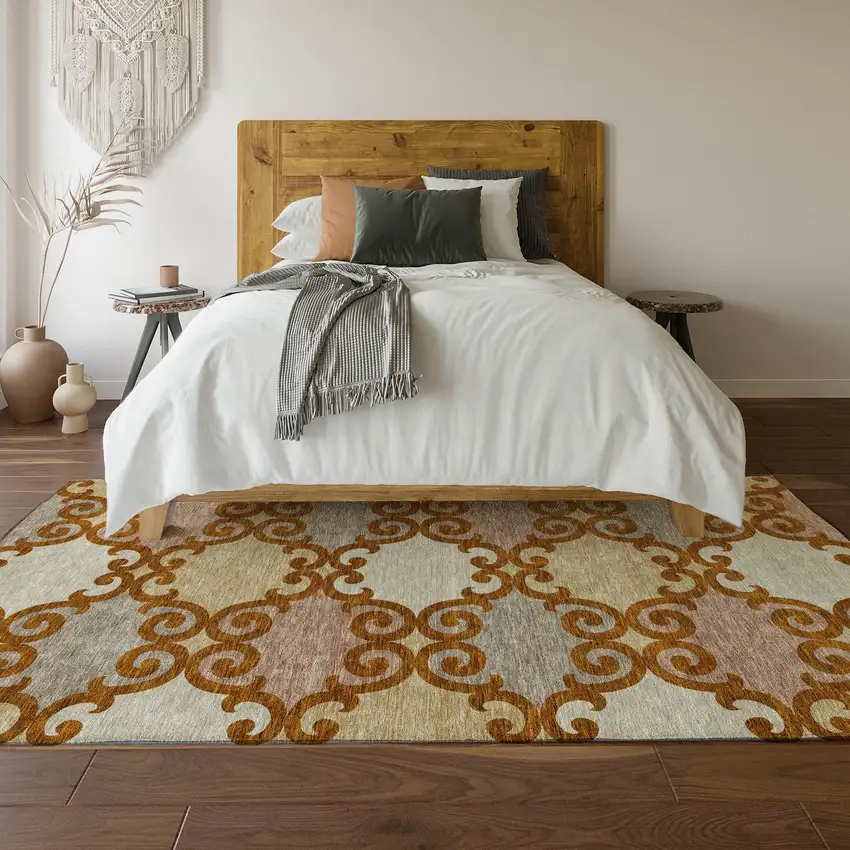 Terra Cotta Beige And Gray Trellis Washable Area Rug With UV Protection Photo 6