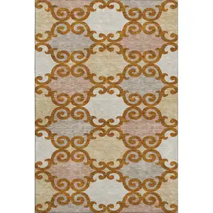 Photo of Terra Cotta Beige And Gray Trellis Washable Area Rug With UV Protection