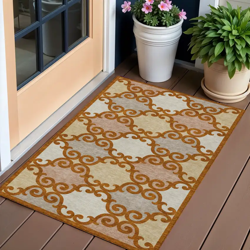 Terra Cotta Beige And Gray Trellis Washable Indoor Outdoor Area Rug Photo 1