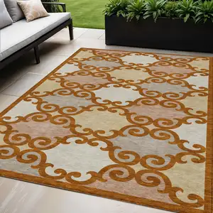 Photo of Terra Cotta Beige And Gray Trellis Washable Indoor Outdoor Area Rug