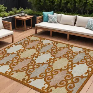 Photo of Terra Cotta Beige And Gray Trellis Washable Indoor Outdoor Area Rug