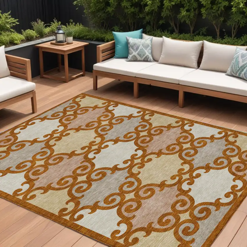 Terra Cotta Beige And Gray Trellis Washable Indoor Outdoor Area Rug Photo 1