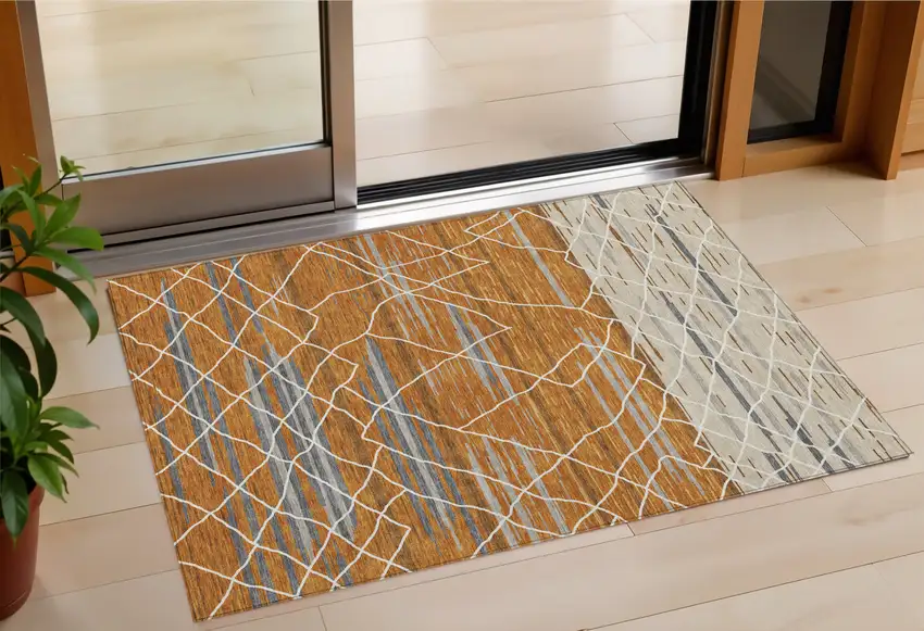 Terra Cotta Beige And Ivory Striped Washable Indoor Outdoor Area Rug Photo 1