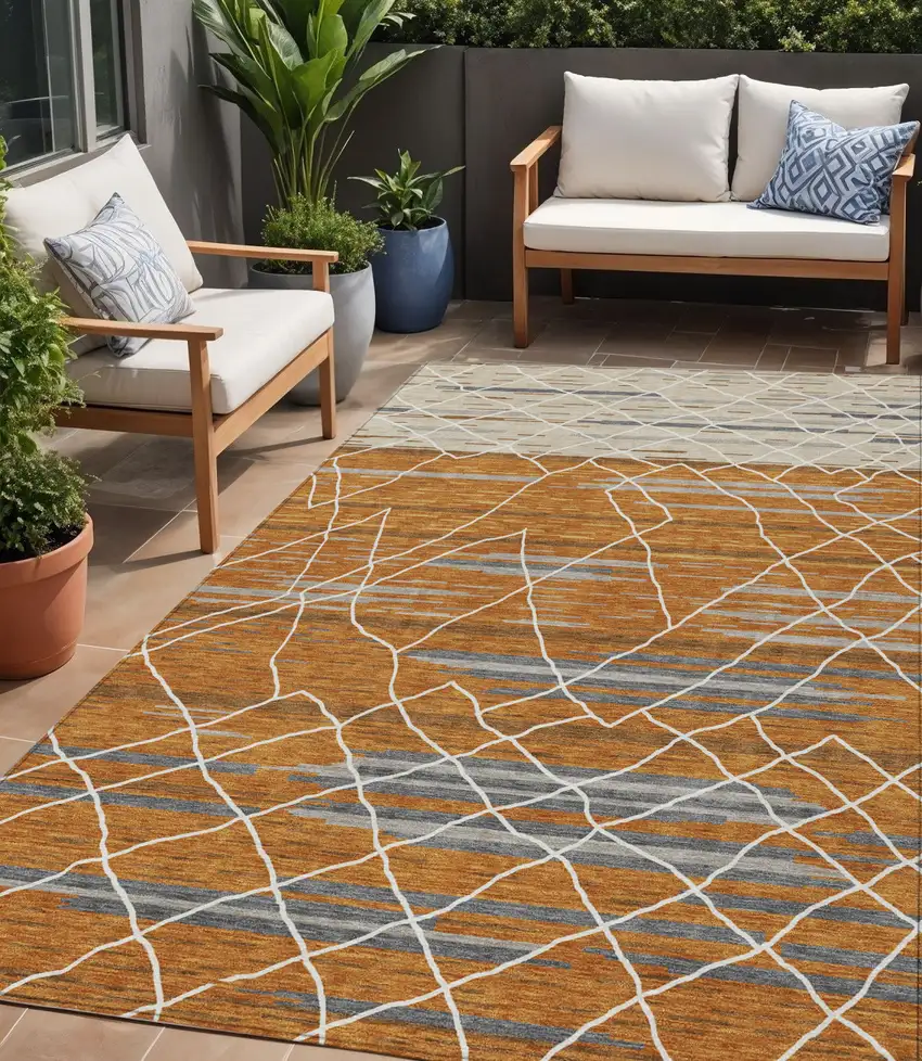 Terra Cotta Beige And Ivory Striped Washable Indoor Outdoor Area Rug Photo 1