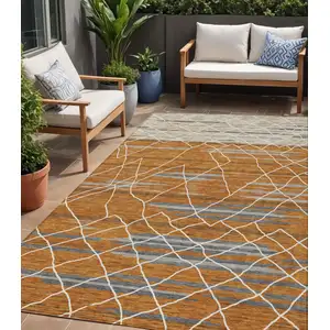 Photo of Terra Cotta Beige And Ivory Striped Washable Indoor Outdoor Area Rug