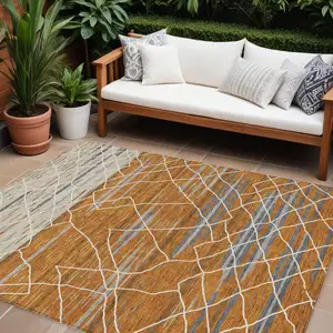 Photo of Terra Cotta Beige And Ivory Striped Washable Indoor Outdoor Area Rug