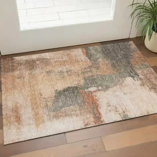 Terra Cotta Beige And Sage Abstract Washable Area Rug With UV Protection Photo 1