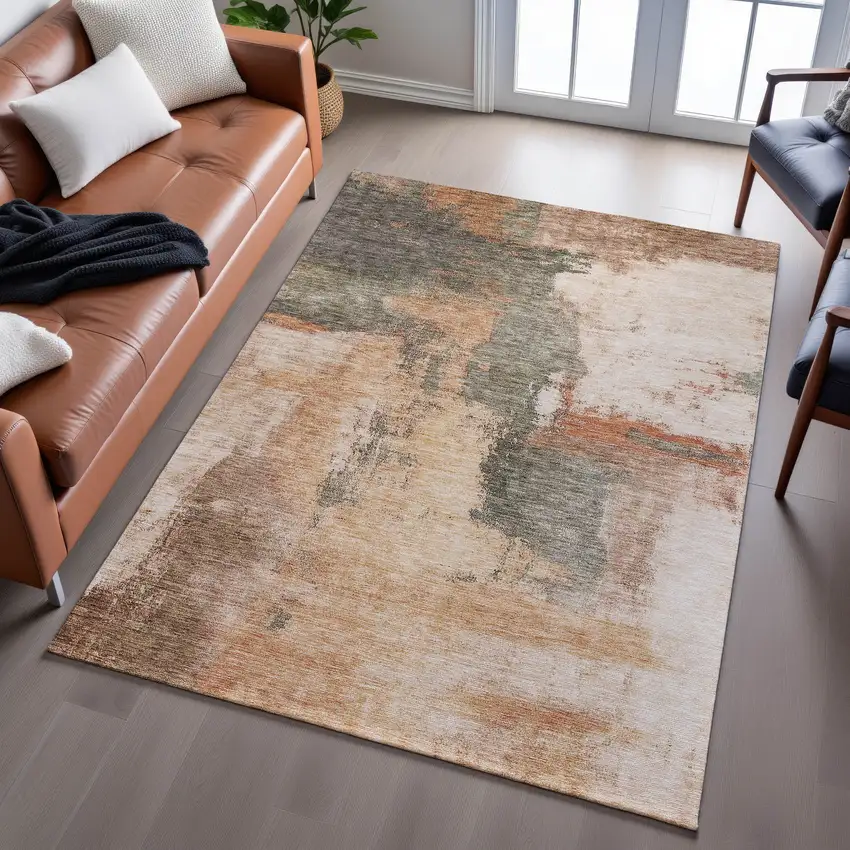 Terra Cotta Beige And Sage Abstract Washable Area Rug With UV Protection Photo 1