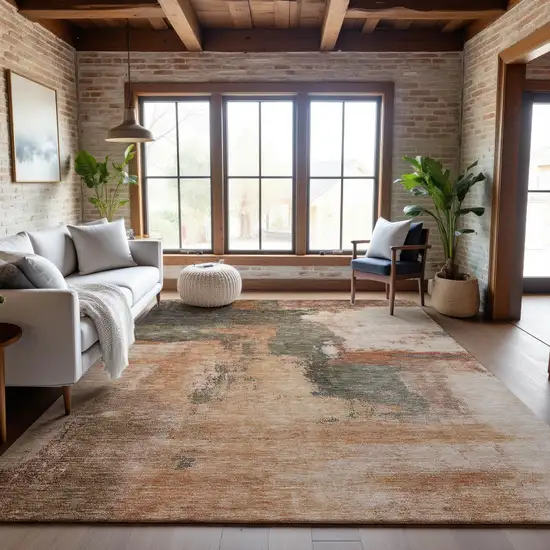 Terra Cotta Beige And Sage Abstract Washable Area Rug With UV Protection Photo 2