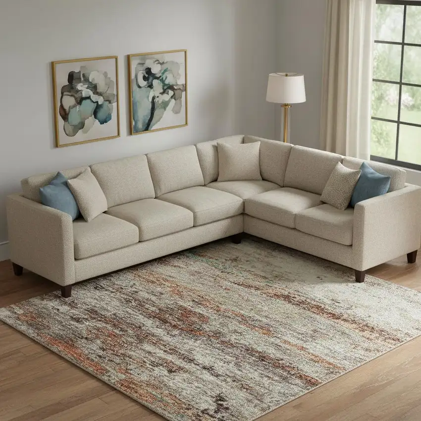 Terra Cotta Beige And Teal Abstract Washable Area Rug With UV Protection Photo 2