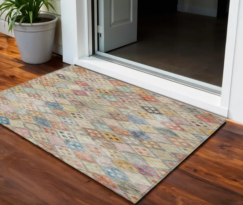 Terra Cotta Beige And Teal Blue Geometric Washable Indoor Outdoor Area Rug Photo 1