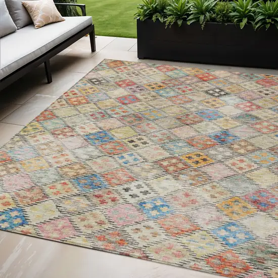 Terra Cotta Beige And Teal Blue Geometric Washable Indoor Outdoor Area Rug Photo 1