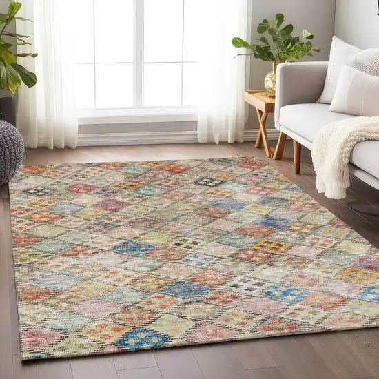 Terra Cotta Beige And Teal Blue Geometric Washable Indoor Outdoor Area Rug Photo 9