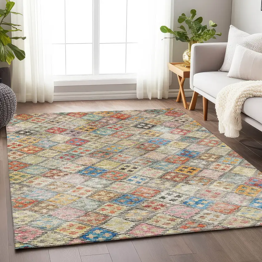Terra Cotta Beige And Teal Blue Geometric Washable Indoor Outdoor Area Rug Photo 9