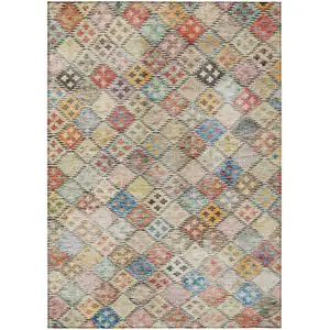 Photo of Terra Cotta Beige And Teal Blue Geometric Washable Indoor Outdoor Area Rug
