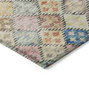 Photo of Terra Cotta Beige And Teal Blue Geometric Washable Indoor Outdoor Area Rug