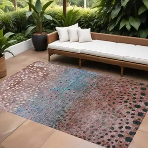 Photo of Terra Cotta Blue And Black Abstract Washable Indoor Outdoor Area Rug