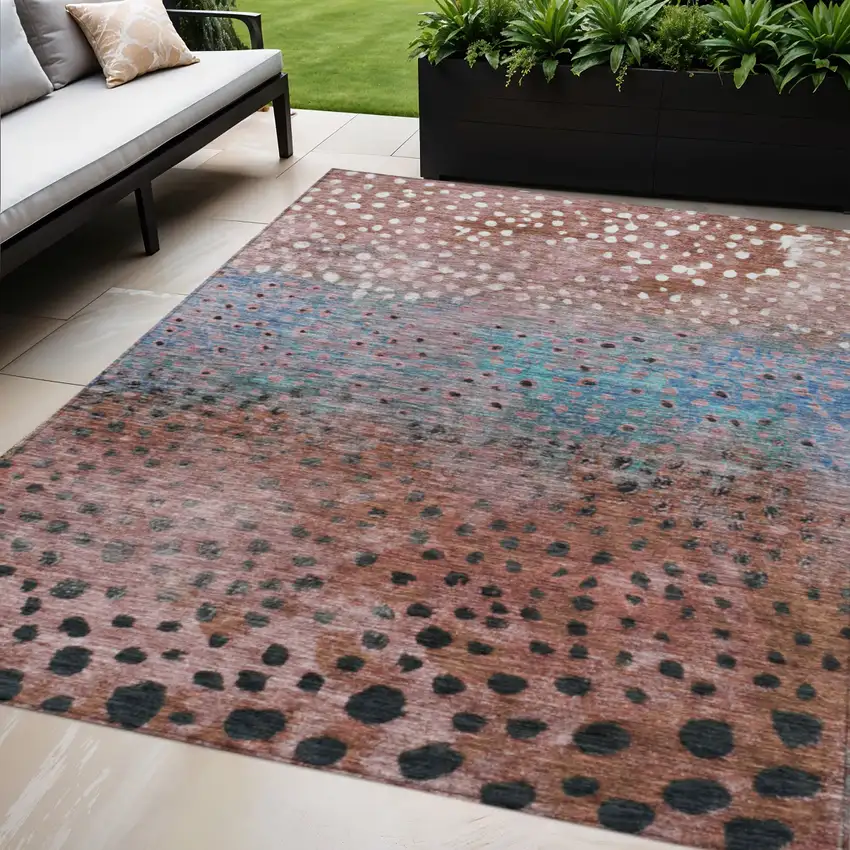 Terra Cotta Blue And Black Abstract Washable Indoor Outdoor Area Rug Photo 1
