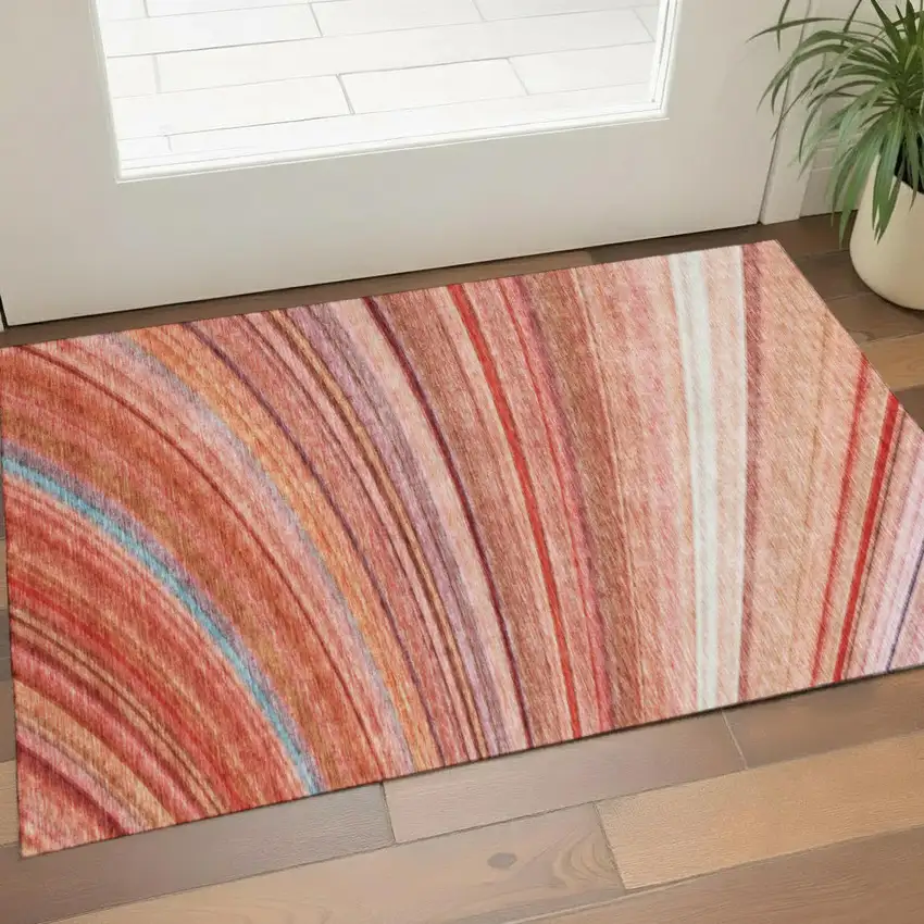 Terra Cotta Blue And Ivory Striped Washable Area Rug With UV Protection Photo 1