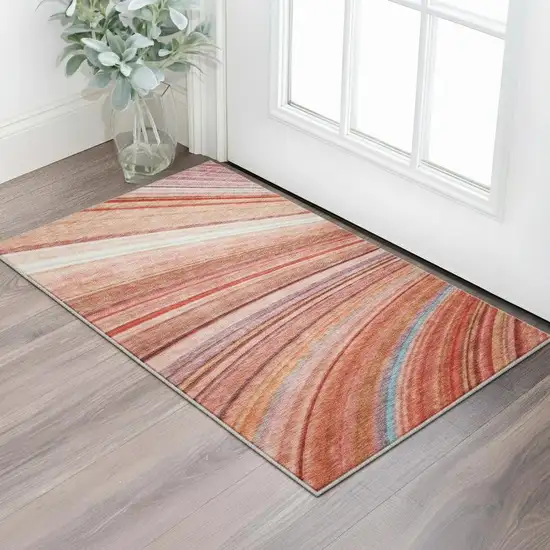 Terra Cotta Blue And Ivory Striped Washable Area Rug With UV Protection Photo 1