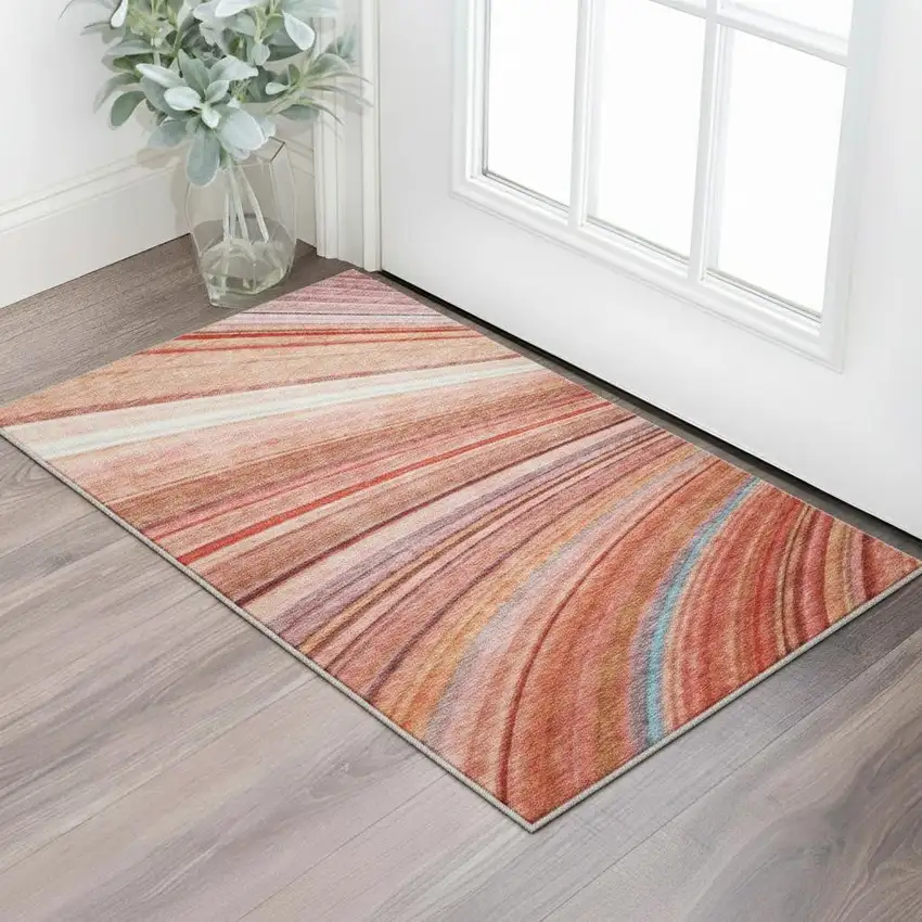 Terra Cotta Blue And Ivory Striped Washable Area Rug With UV Protection Photo 1