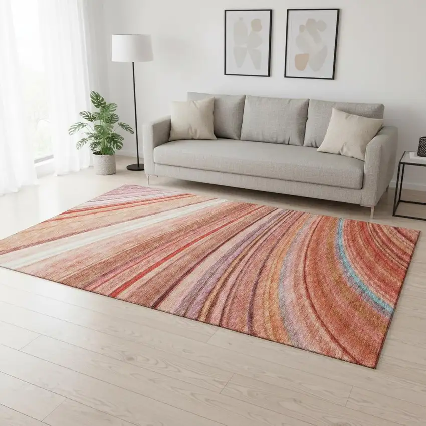 Terra Cotta Blue And Ivory Striped Washable Area Rug With UV Protection Photo 2